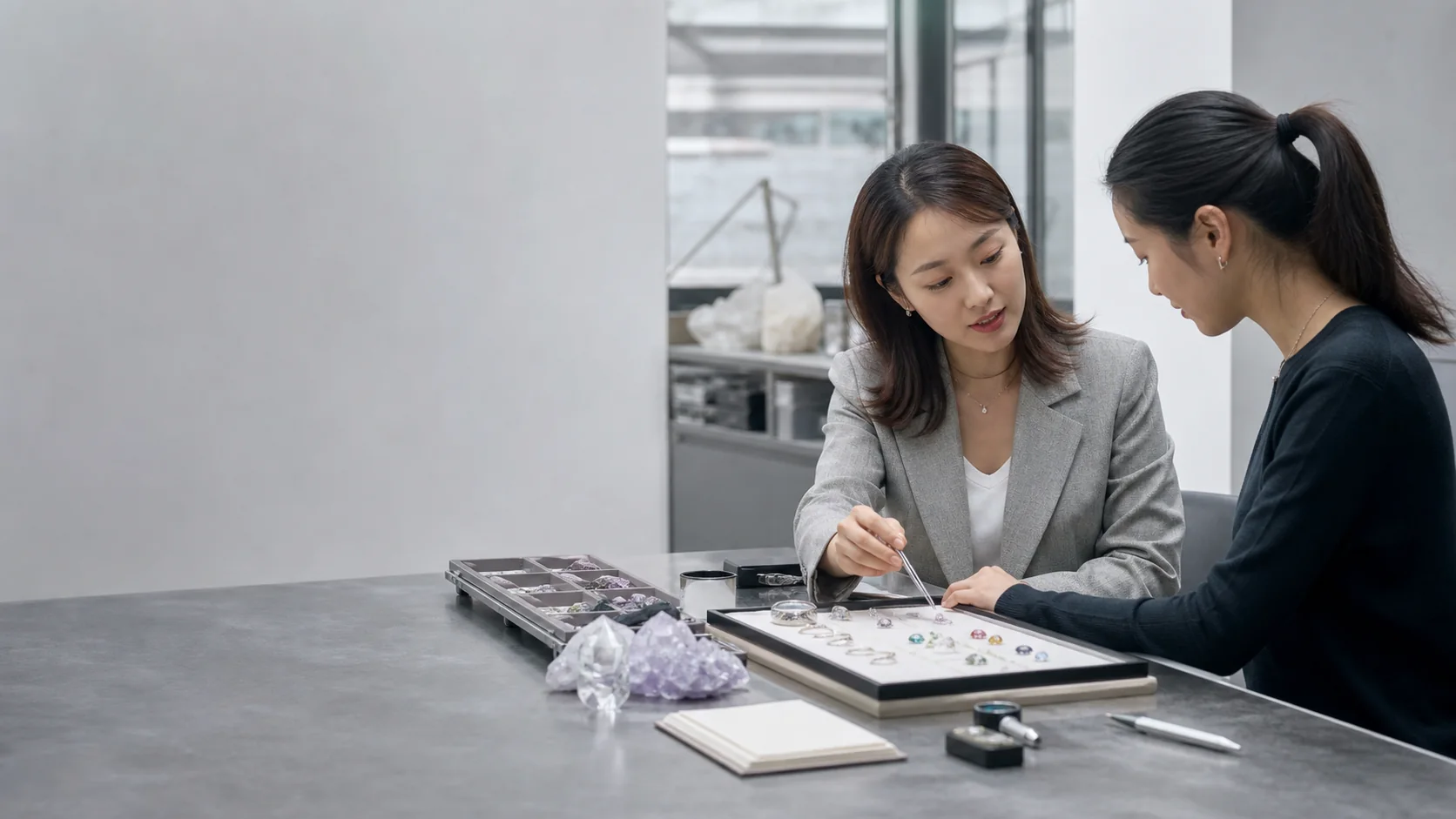 A StarOne jewelry consultant helping a customer compare gemstones