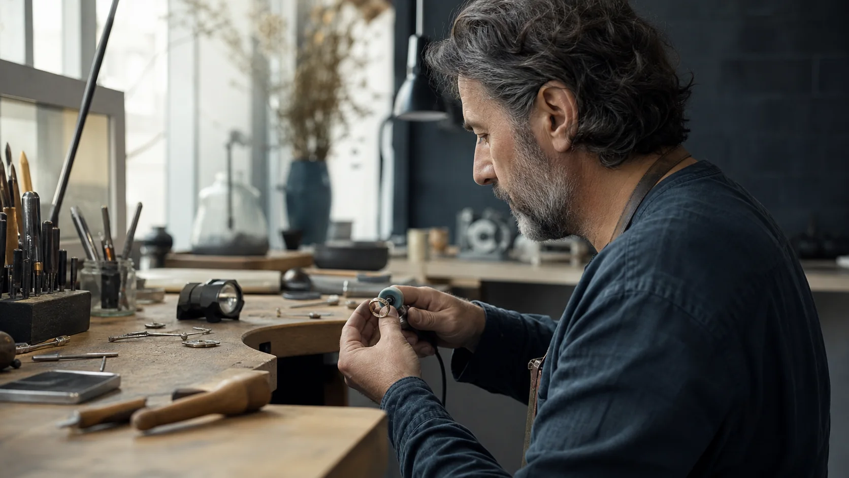 Jewelry artisan polishing a ring by hand