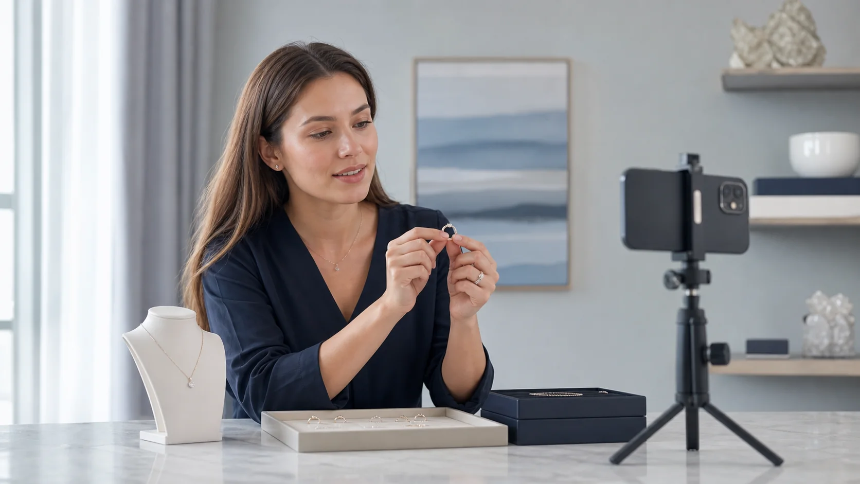 Jewelry host presenting a ring during a studio livestream