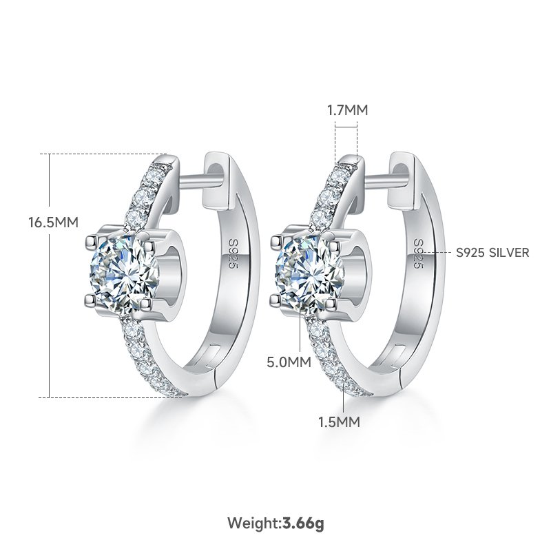 Single-Row Moissanite Half-Hoop Earrings in S925 Sterling Silver – 1.24 ct