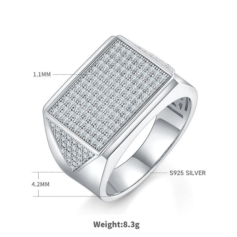 R3852 Men’s Pavé Moissanite Ring in S925 Sterling Silver – 0.95 ct