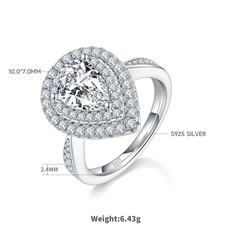 Pear-Cut Moissanite Halo Engagement Ring in S925 Sterling Silver – 2.0 ct