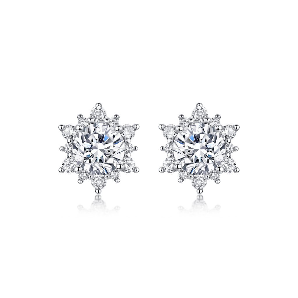 Snowflake Halo Moissanite Stud Earrings in 18K White Gold-Plated Silver – 2.48 ct